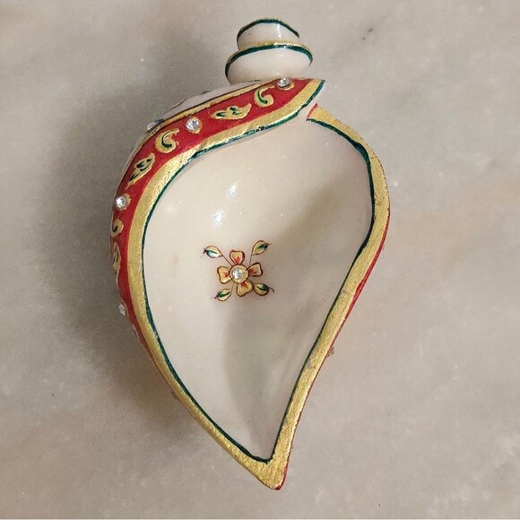 Conch Shell Shaped Marble Meenakari Shankh Decorative Trinket Tray Bowl - Picture 2 of 8